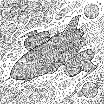 Unleash your creativity with this highly detailed spaceship adult coloring page, designed to transport you to a universe of relaxation. Explore complex patterns and cosmic wonders as you bring this interstellar vessel to life.