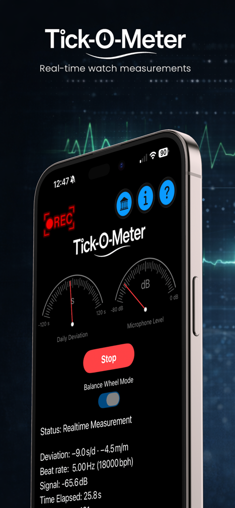 Tick-O-Meter - iPhone displaying Tick-O-Meter app with analog gauges for measuring mechanical watch accuracy and beat rate