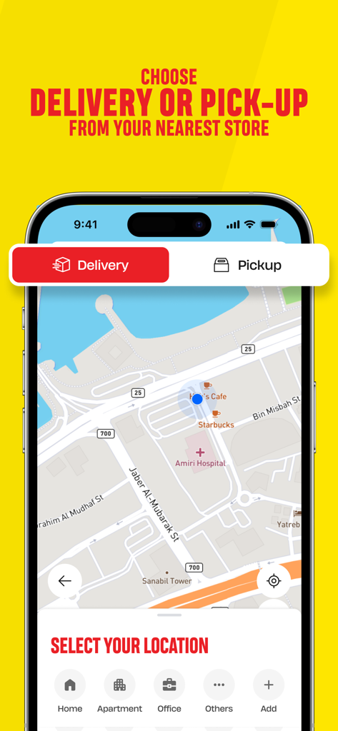 Yelo Pizza - Pantalla de la aplicación Yelo Pizza para elegir entre entrega y recogida con una interfaz de mapa.