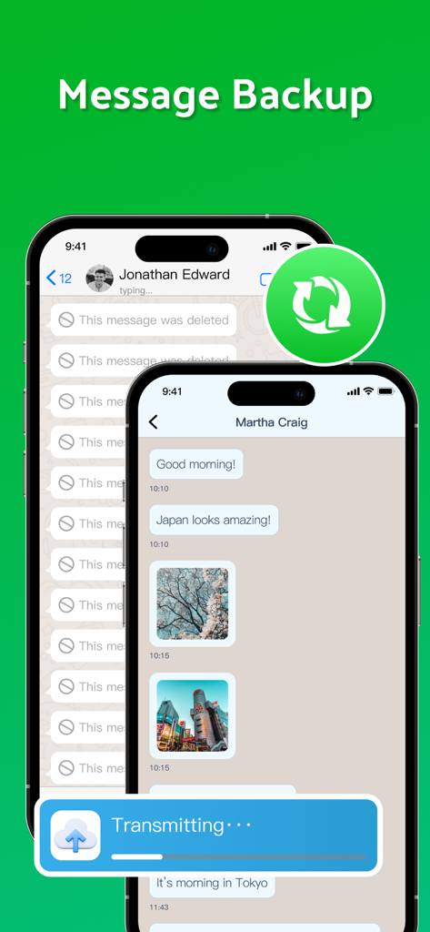 Écrans de smartphone montrant le processus de sauvegarde des messages et de transmission des données dans l'application Dual Messenger.