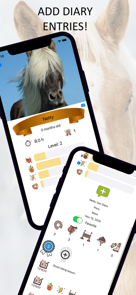 My Stable - Interface of the My Stable app showing horse profiles with training stats and riding diary entries