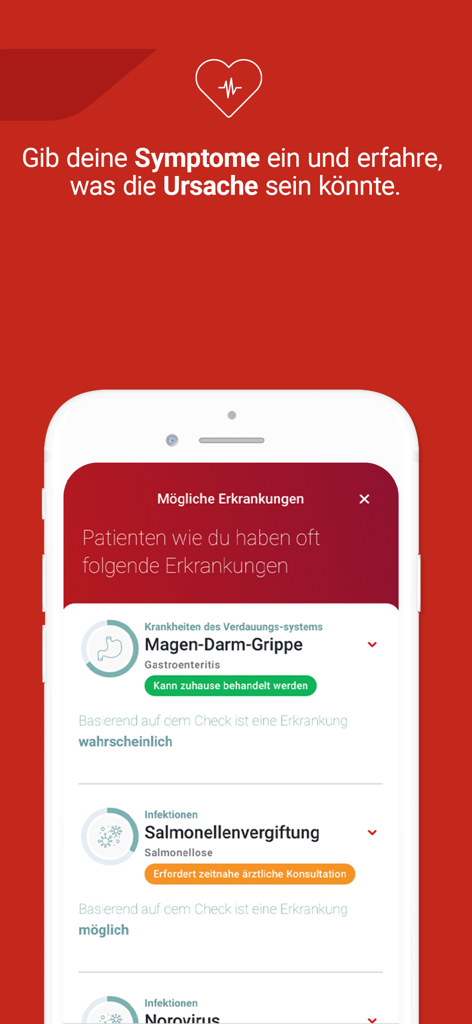 Generali Mobile Health - Captura de pantalla de la aplicación Salud Móvil Generali que muestra los resultados del verificador de síntomas impulsado por IA y consejos médicos