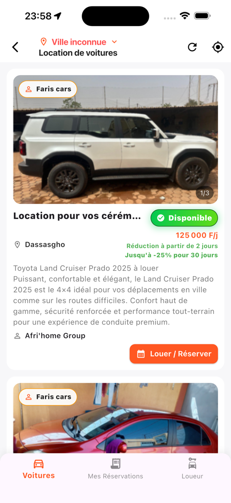 Faris - Screen from the Faris app showing a car rental listing for a Toyota Land Cruiser Prado 2025 in Burkina Faso