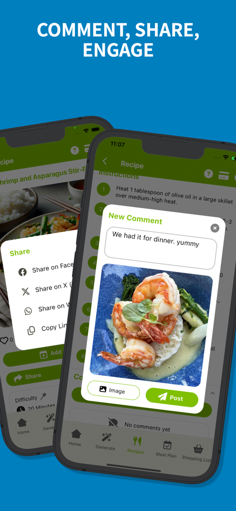 AI Chef app screens showing recipe sharing options and a community comment with a meal photo