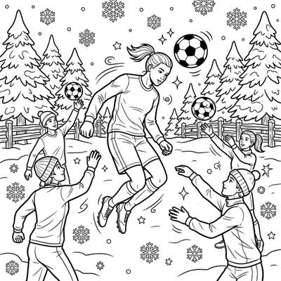 Experience the thrill of winter soccer with this action-packed coloring page! Watch header specialists show off their skills amidst a beautiful snowy landscape.