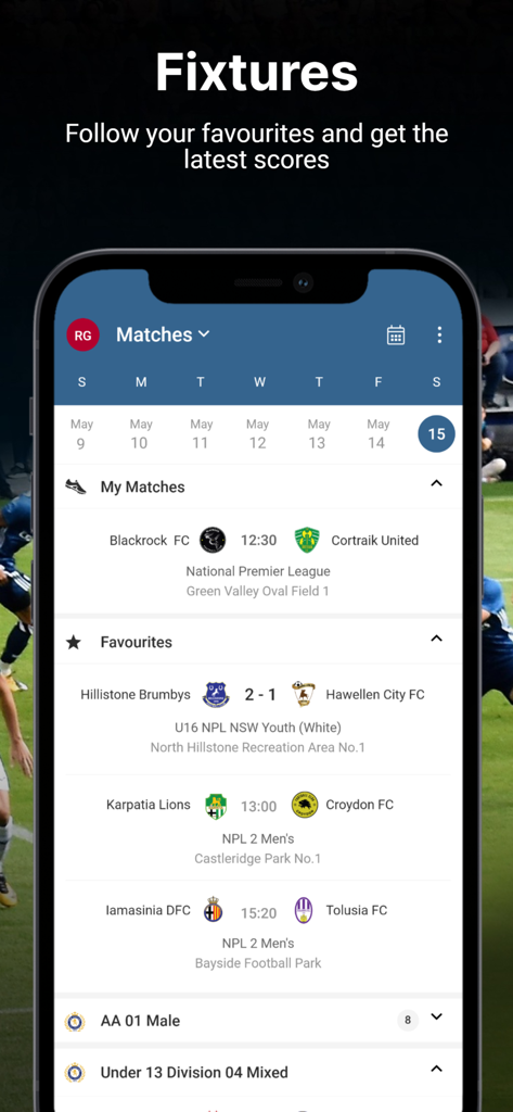 Écran de l'application mobile Dribl montrant les rencontres et les scores des matchs de football pour les ligues amateurs et de jeunes