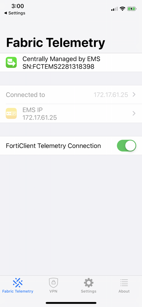 FortiClient - Interfaccia dell'app FortiClient che mostra la schermata Fabric Telemetry con gestione centralizzata EMS e dettagli di connessione.