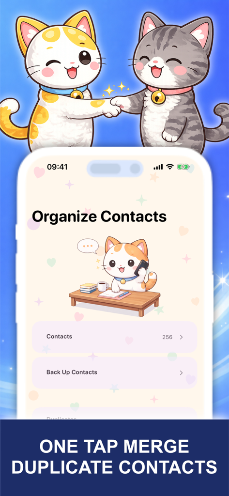 Cleaner Kiki: Storage Cleanup - Cleaner Kiki app interface showing the organize contacts feature and one tap merge duplicate contacts tool