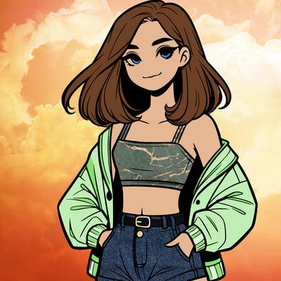 a realistic girl with a crop top and short shorts in an open jacket