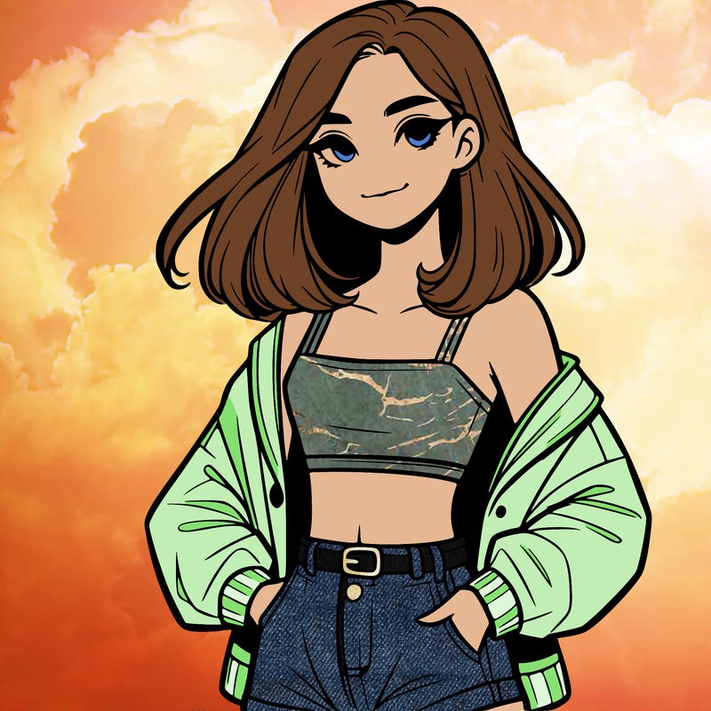 a realistic girl with a crop top and short shorts in an open jacket