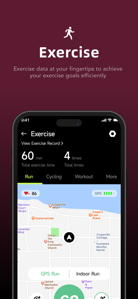 JCVital - JCVital app exercise screen displaying total workout time and frequency with a GPS tracking map for outdoor running.