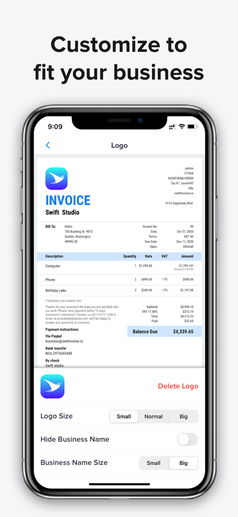 Swift Invoice app screen for customizing business logo and name on a professional invoice template