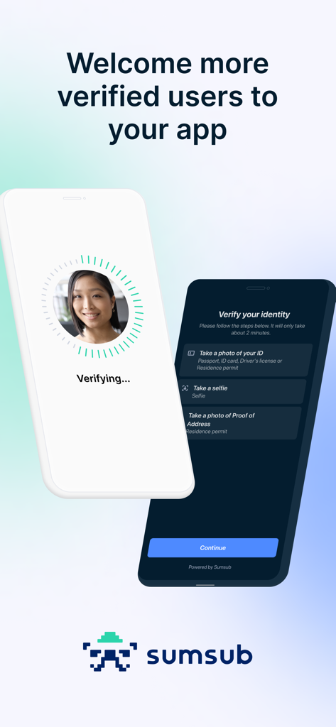 Mobile interface of Sumsub for Business showing facial recognition and identity document verification steps.