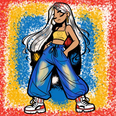 girl in baggy pants crop top and long hair