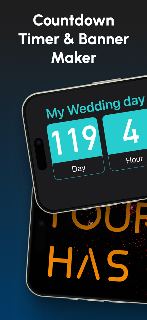 A smartphone screen showing a wedding day countdown and a scrolling digital banner from the Countdown Timer and Banner Maker app
