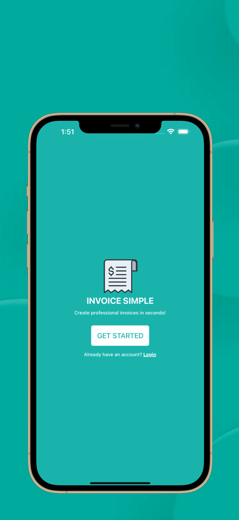 INVOICE SIMPLE - Tela de boas-vindas do aplicativo Invoice Simple com um botão de iniciar e uma frase de efeito sobre faturamento profissional