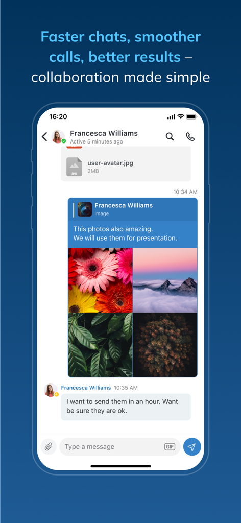 Interfaccia di chat dell'app mobile Wildix Collaboration 7 che mostra una conversazione professionale con condivisione di immagini.