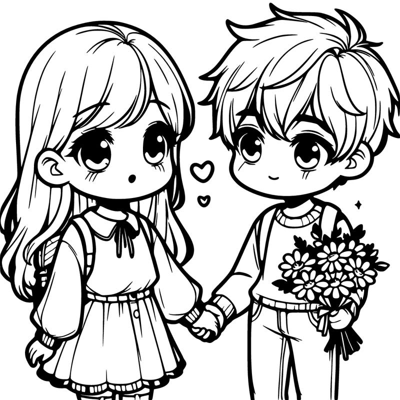 a cute realistic girl holding a boys hand the boy has flowers both blushing