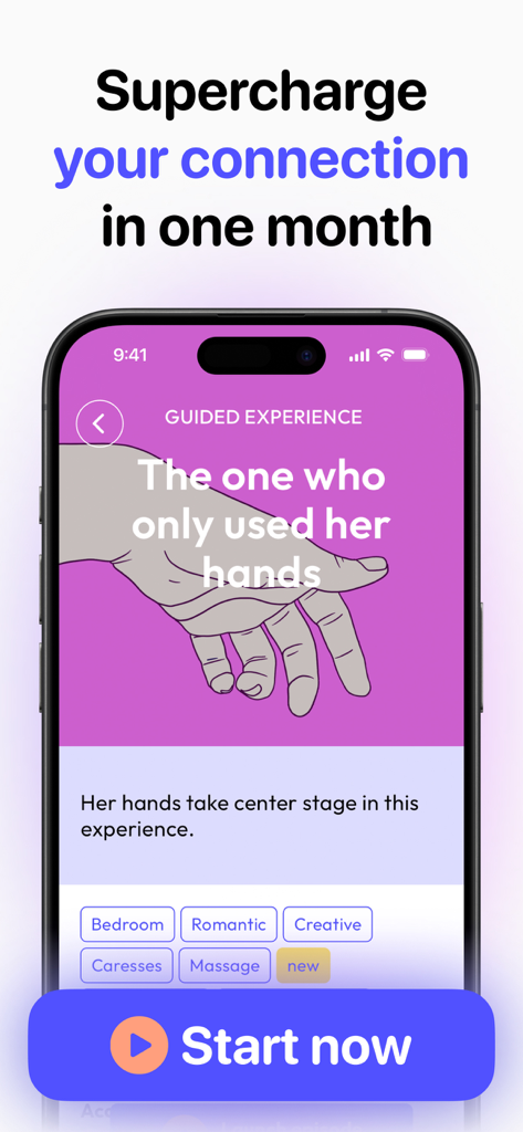Melba App-Oberfläche, die ein sprachgeführtes Abenteuer für Paare zur Verbesserung der Intimität zeigt.