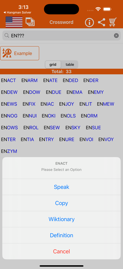 Interface de l'application Résolveur de Mots Croisés affichant une liste de résultats de mots commençant par E N et un menu d'options comme parler, copier et définition.