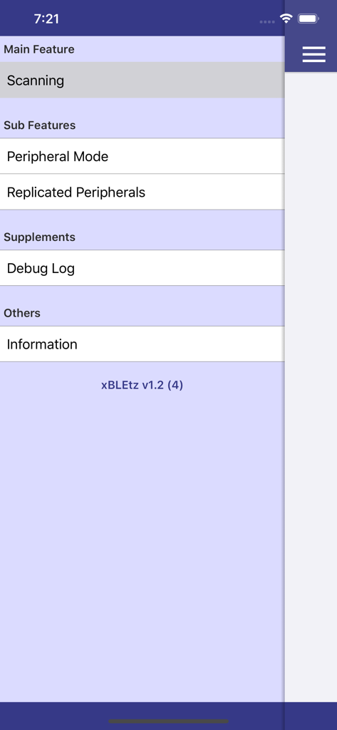 Interface of the xBLEtz app showing the main navigation menu and BLE features.