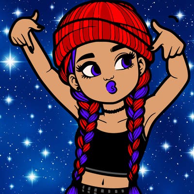 realistic teenage girl with braids and a beanie and crop top doing 🫶🏼