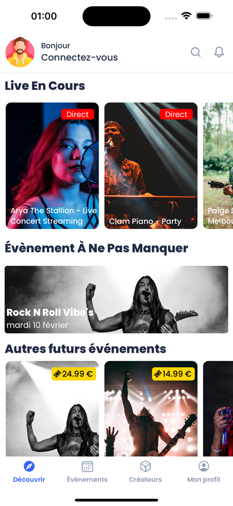 Vivastream - The home screen of the Vivastream app showing various live and upcoming music concert streams
