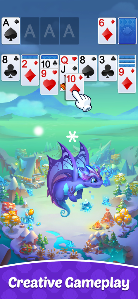 Solitaire Dragons - Solitaire Dragons app screenshot showing a classic card game layout above a cute purple dragon on a fantasy island