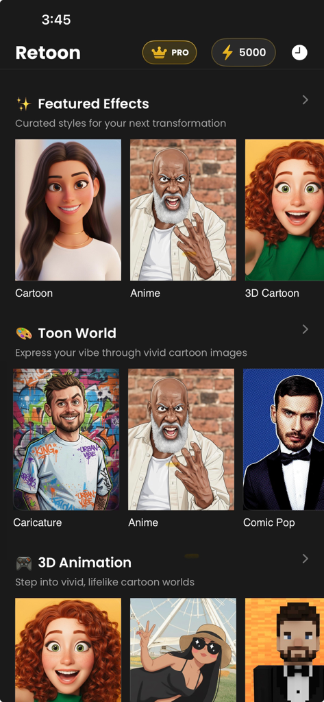 Retoon: Cartoon Photo Editor - Retoon app home screen displaying various AI-powered cartoon and anime filters for portrait photos