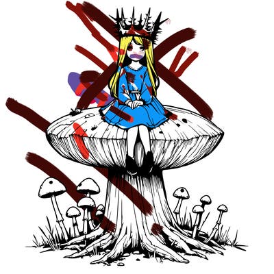 realistic girl sitting on a huge tree stump size toadstool with thorn crown
