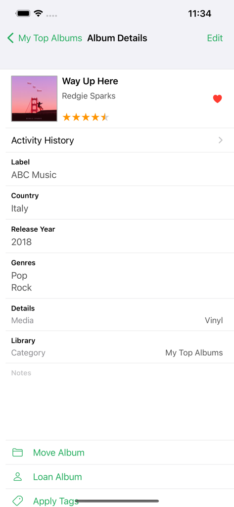 Écran de l'application MusicBuddy affichant des informations détaillées pour une collection d'albums vinyles
