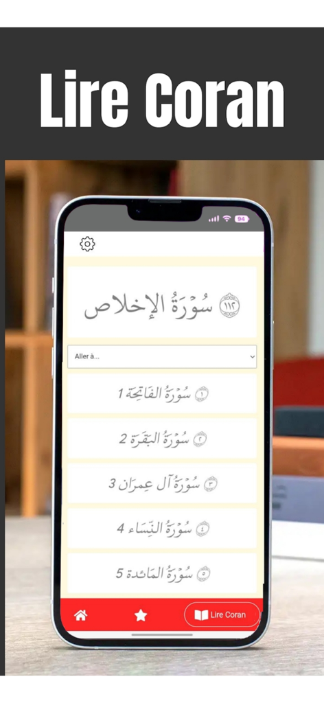 Coran Mp3 Kamil - iPhone que muestra la pantalla de lectura del Corán con una lista de Surahs en árabe
