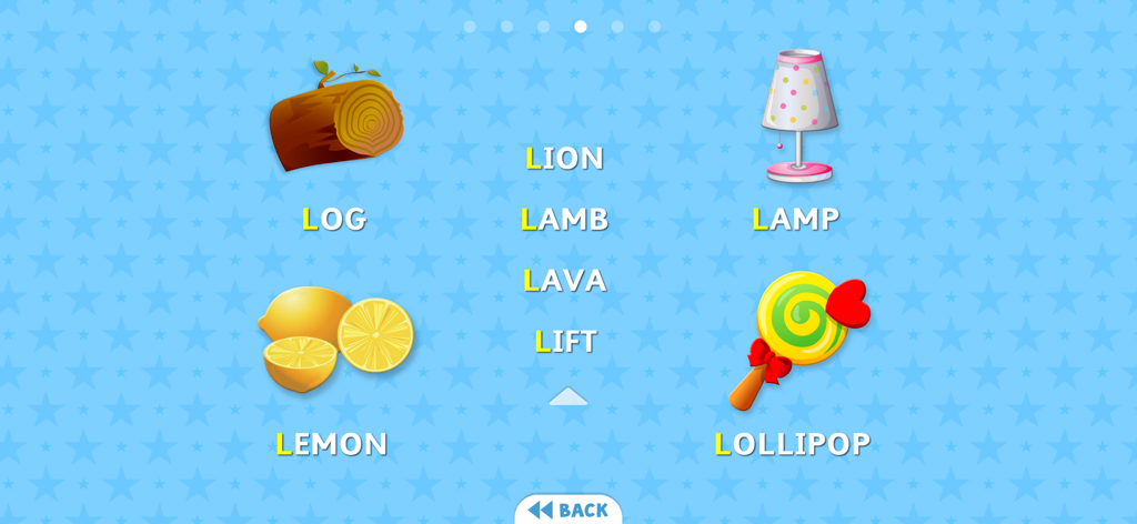 Phonics Flashcards Premium - Educational flashcard screen showing various words starting with the letter L like log, lamp, lemon, and lollipop with illustrations