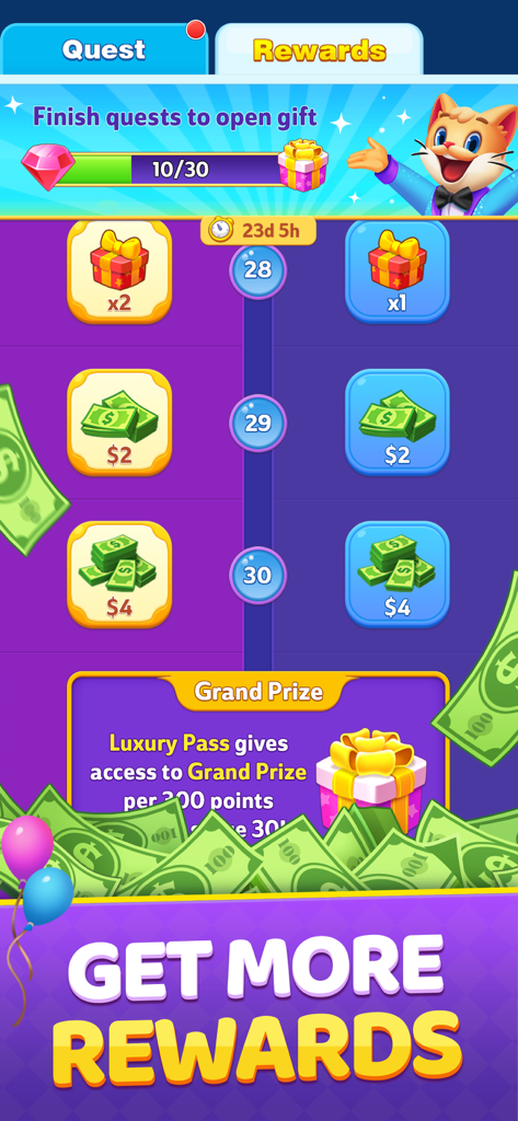 Bingo 2026 Clash - Bingo 2026 Clash rewards interface displaying cash prizes and quest progression.