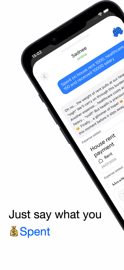 Mokie - Daily Expense Tracker - Écran de smartphone montrant l'interface de chat de l'application Mokie pour enregistrer les dépenses en langage naturel