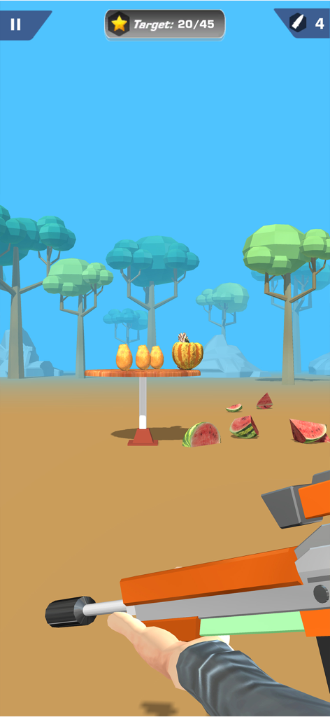 Shooting Master 3D Sniper Game - First person view of a sniper rifle aiming at fruit targets in a 3D environment