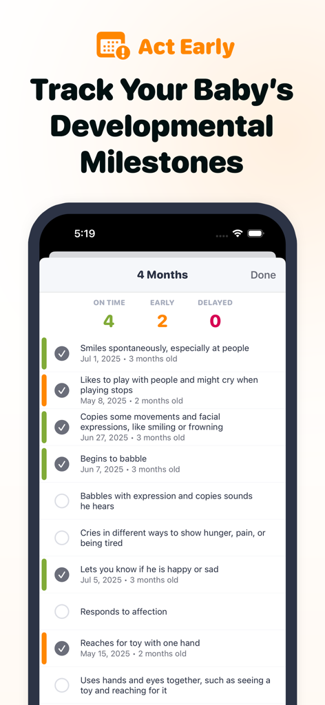 Developmental milestone checklist for a four month old baby in the Sprout app