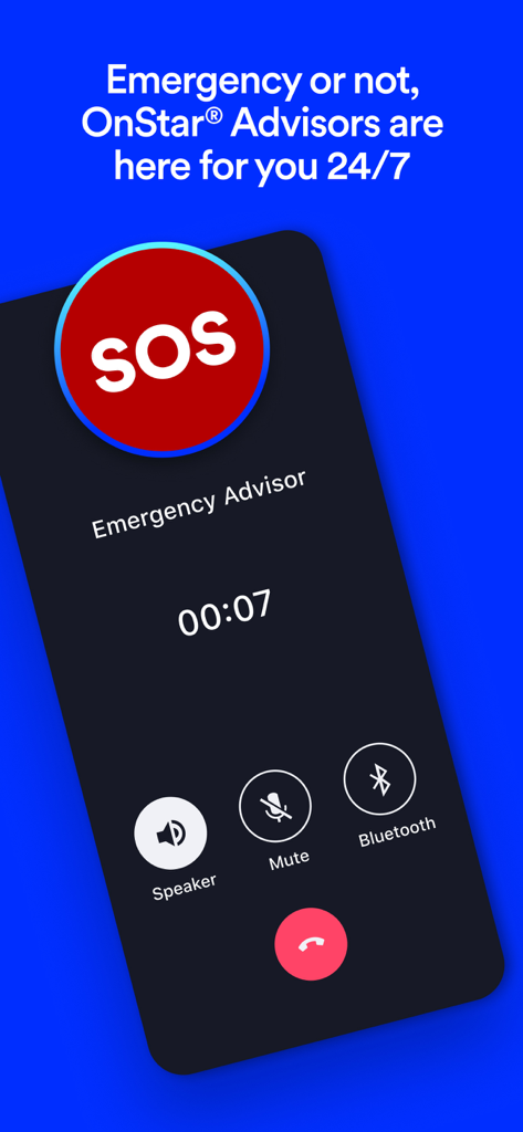 OnStar Guardian: Safety App - A smartphone showing an active SOS emergency call with an OnStar Advisor.