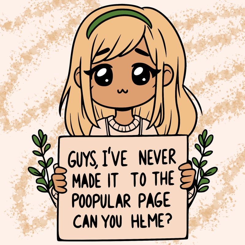a girl holding up a sign that says, guys, i’ve never made it to the popular page, can you help me?