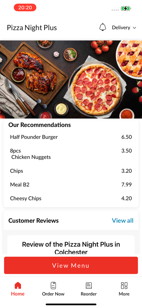 Pizza Night Plus - Interface of the Pizza Night Plus app home screen showing food recommendations and a view menu button