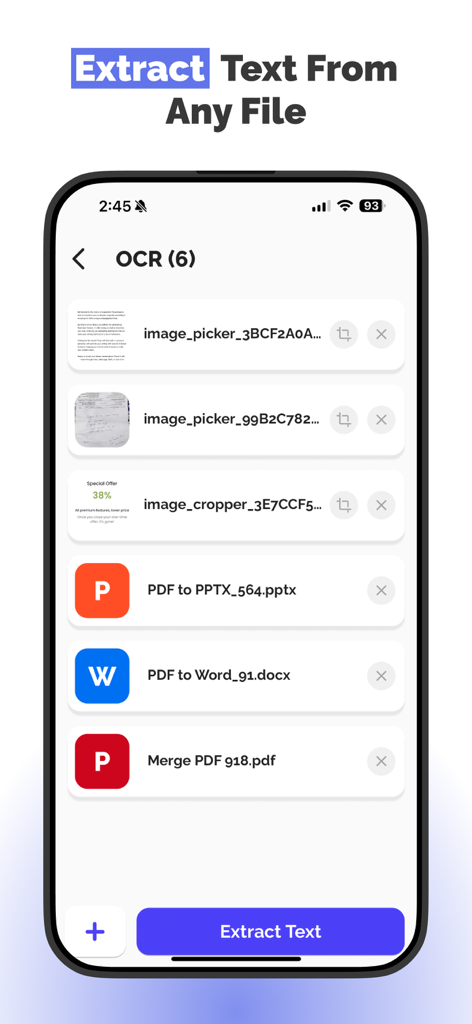 PDF to Document Convert - App interface showing the OCR feature to extract text from images and PDF files