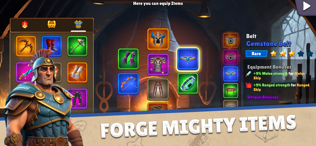 Domination Dynasty: Turn-Based - Pantalla de equipo del personaje en Domination Dynasty que muestra la forja y un cinturón de gema raro