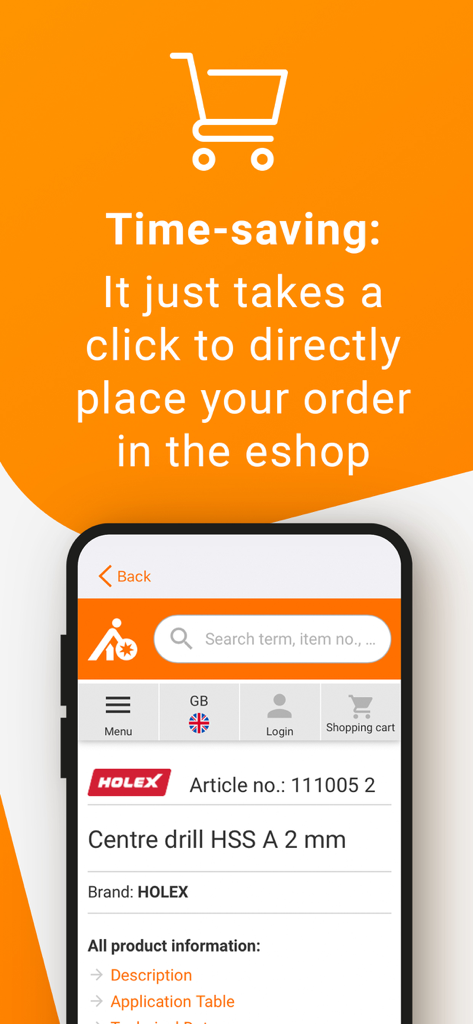 Hoffmann Group flip catalogue - Eine mobile Benutzeroberfläche der Hoffmann Group App, die eine Produktseite für einen Holex-Zentrierbohrer mit einem direkten Link zum E-Shop zur schnellen Bestellung anzeigt.
