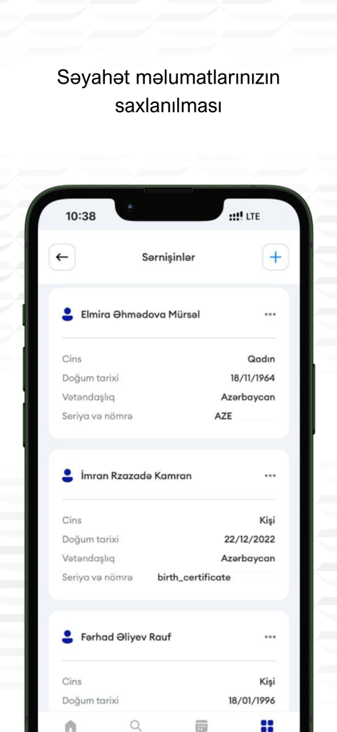 Interfaz de la aplicación ADY Mobile que muestra una lista de perfiles de pasajeros guardados y detalles personales