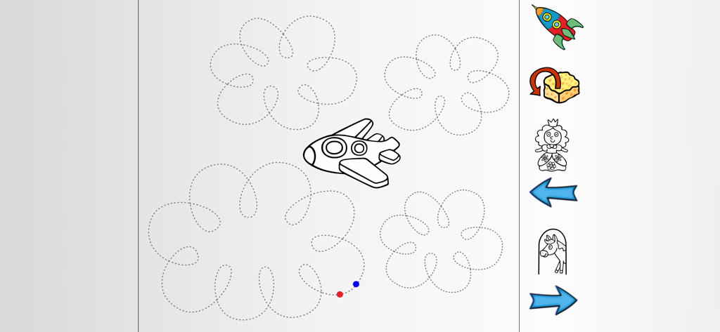 Graphomotor Skills - Nachzeichnungsaktivität für Kinder mit einem Flugzeug und Wolkenförmigen gestrichelten Linien zur Übung der Motorik.