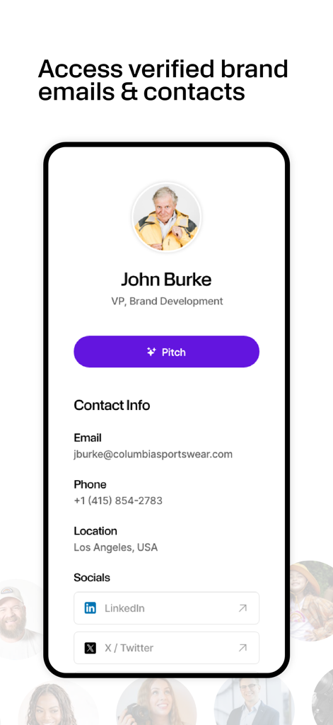 Pitch’em – Land Brand Deals - A mobile screen showing a brand manager profile with verified email and contact info for content creator outreach