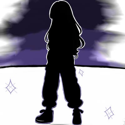 girl in baggy pants crop top and long hair