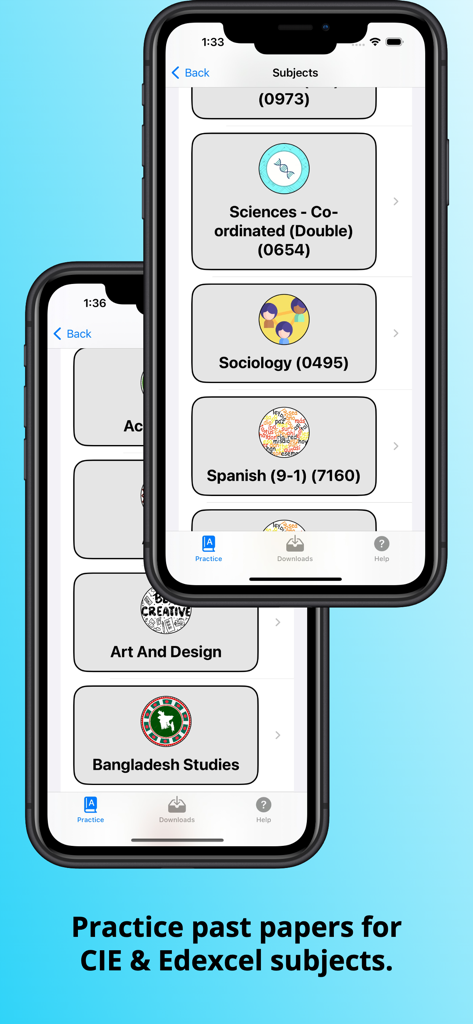Interface do aplicativo móvel A plus Papers mostrando uma lista de matérias do IGCSE com códigos para exames CIE e Edexcel.