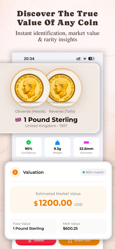 Coin Identifier: CoinScope - Oberfläche der CoinScope-App, die die Identifizierung und den Marktwert einer seltenen britischen Münze von 1937 zeigt.