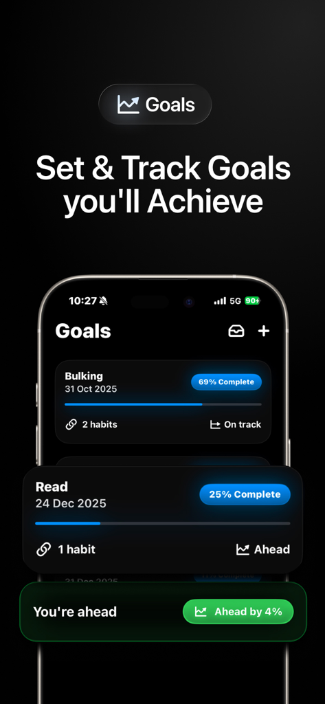 Pattrn AI - Self Improvement - Pattrn AI app interface displaying goal progress for habits like bulking and reading with completion percentages.
